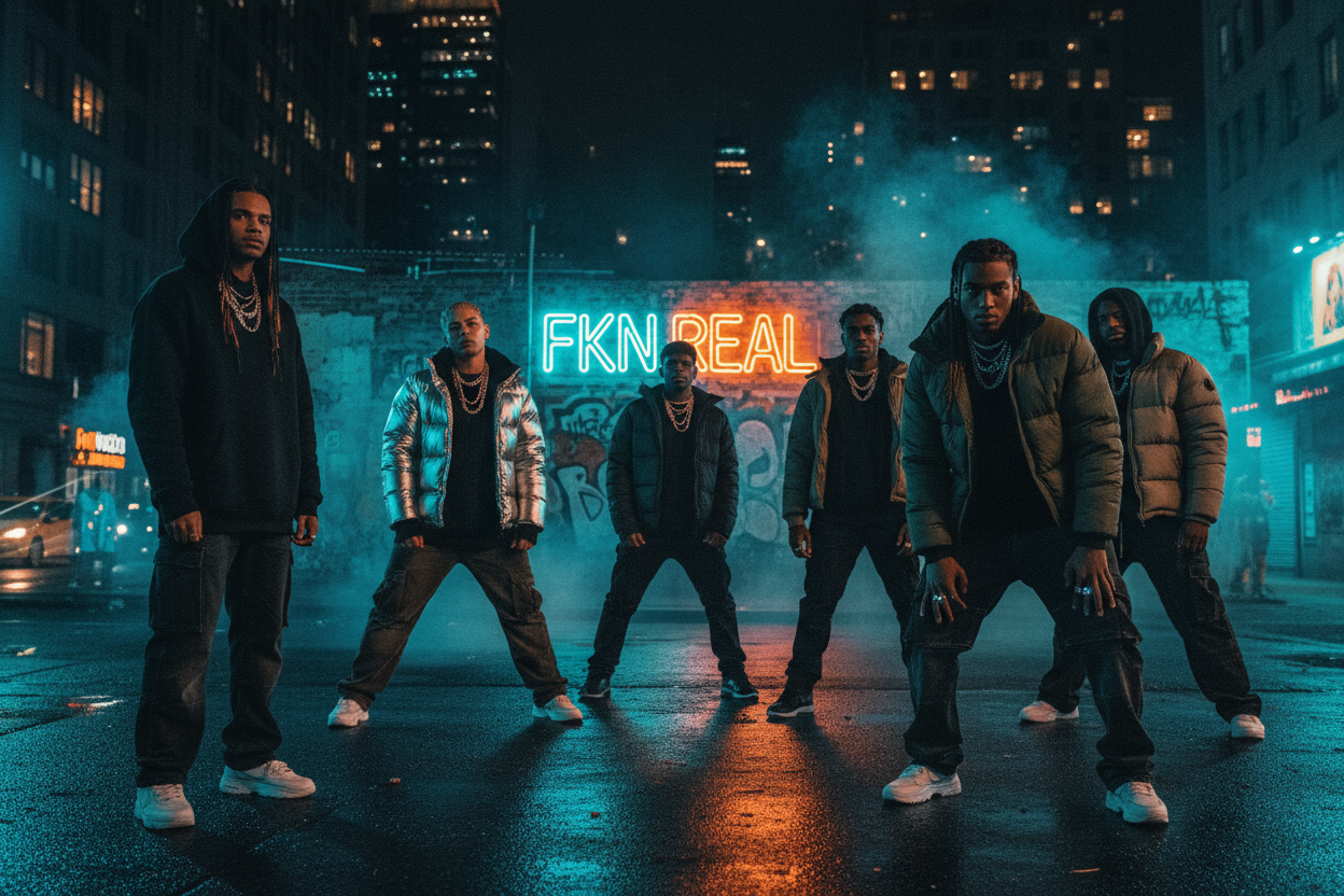 Cinematic streetwear fashion video for FKN REAL, set in a gritty urban night scene. Diverse Gen Z models wear oversized hoodies, cargos, puffer jackets, and chains. Scene includes graffiti walls, flashing city lights, wet asphalt reflections, and drifting smoke. Camera moves slowly with handheld energy — close-ups of faces, fabrics, sneakers, and street poses. Neon light flares pulse subtly in the background.

Brand logo “FKN REAL” appears faintly as graffiti or glowing text on a wall mid-scene.

Mood: raw,